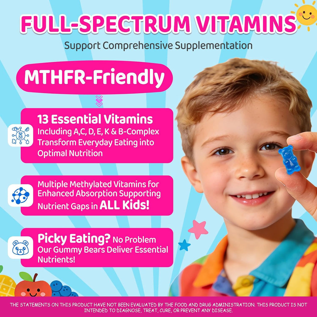 Multivitamínico Metilado para Niños 4+ - MTHFR, L-Metilfolato, B12, Omega-3 Vegano, Zinc, Probióticos - Sin Azúcar - NATISLAND