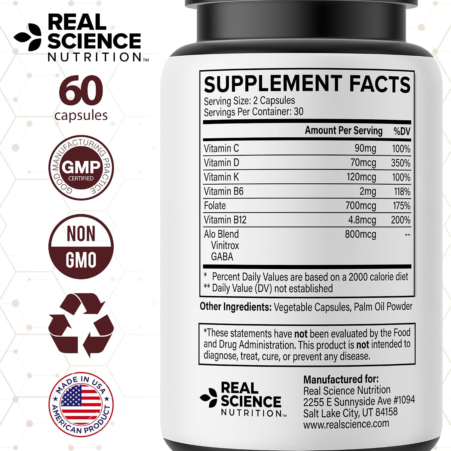 Real Science Alopecinol - Complemento alimenticio para el cabello con Vinitrox, GABA y Vitaminas - 60 cápsulas