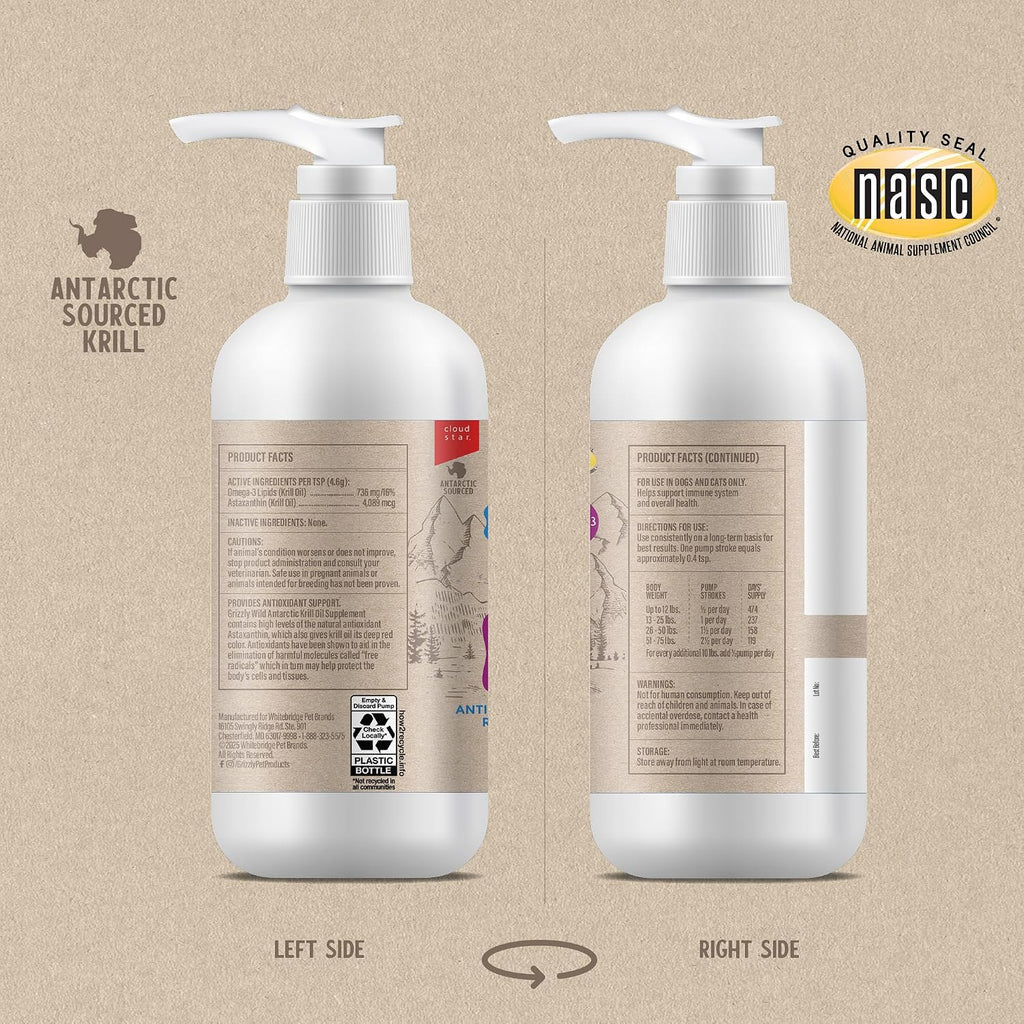 Grizzly Aceite de Krill Antártico Salvaje - Suplemento Antioxidante Natural para Perros, 236 ml