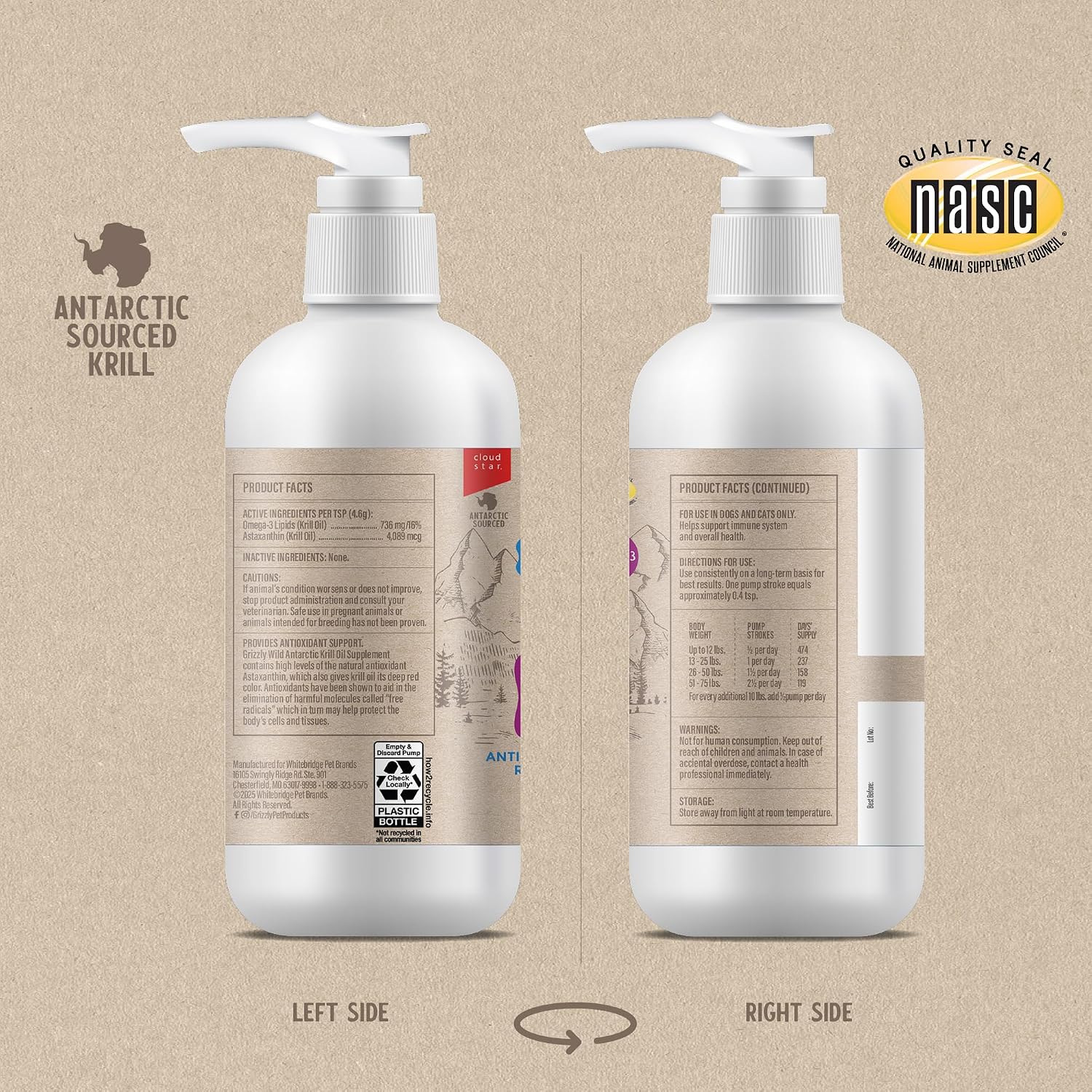 Grizzly Aceite de Krill Antártico Salvaje - Suplemento Antioxidante Natural para Perros, 236 ml