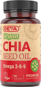 DEVA Aceite de Semilla de Chía Vegano, Rico en Omega 3, 6 y 9, Prensado en Frío y Sin Refinar, 90 Cápsulas (Pack de 2)