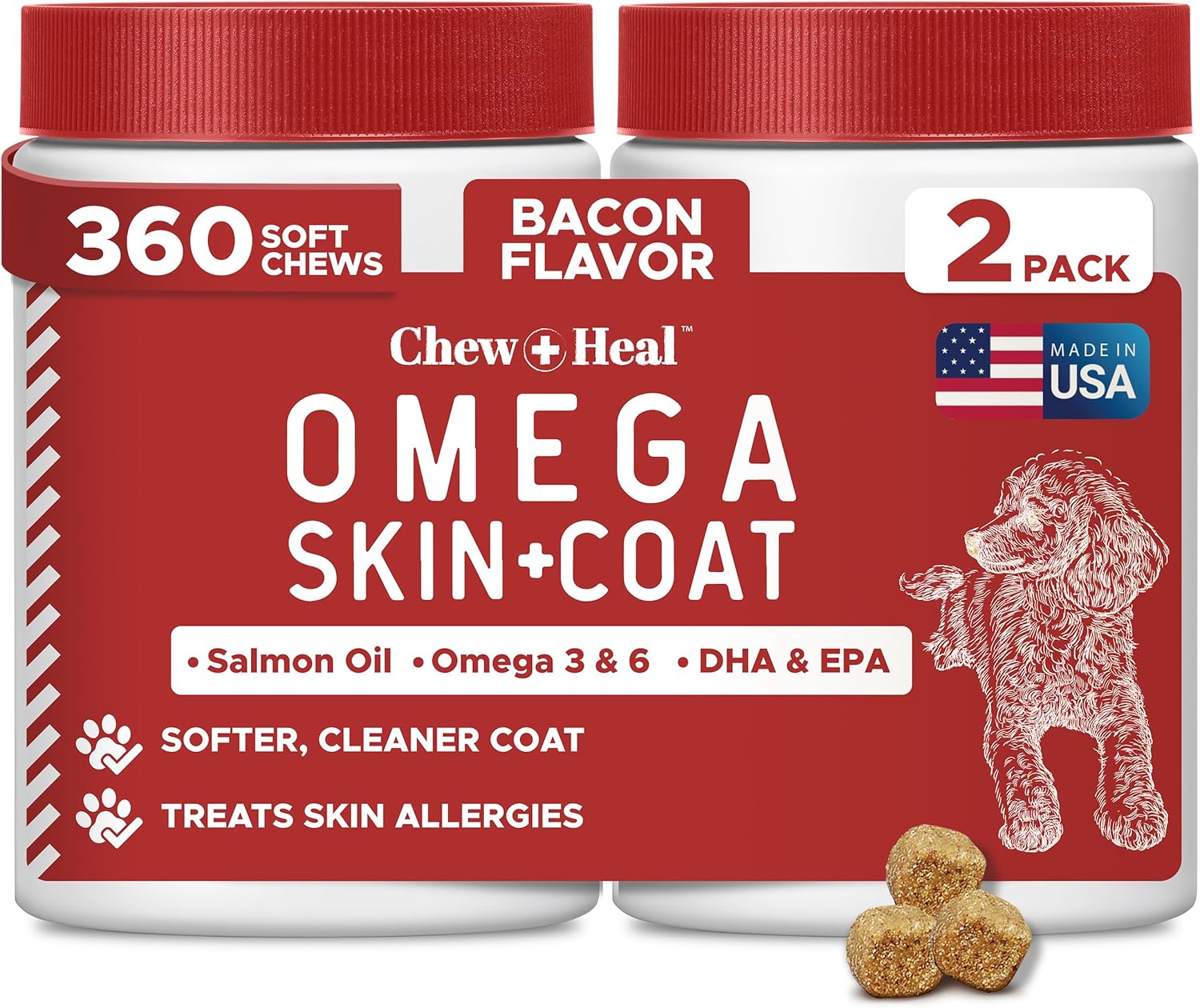 Best Itchy Skin Relief for Dogs - 360 Soft Chew Omega Treats for Skin and Coat - Salmon Oil Blend - 2 Packs of 180, Bacon Flavor