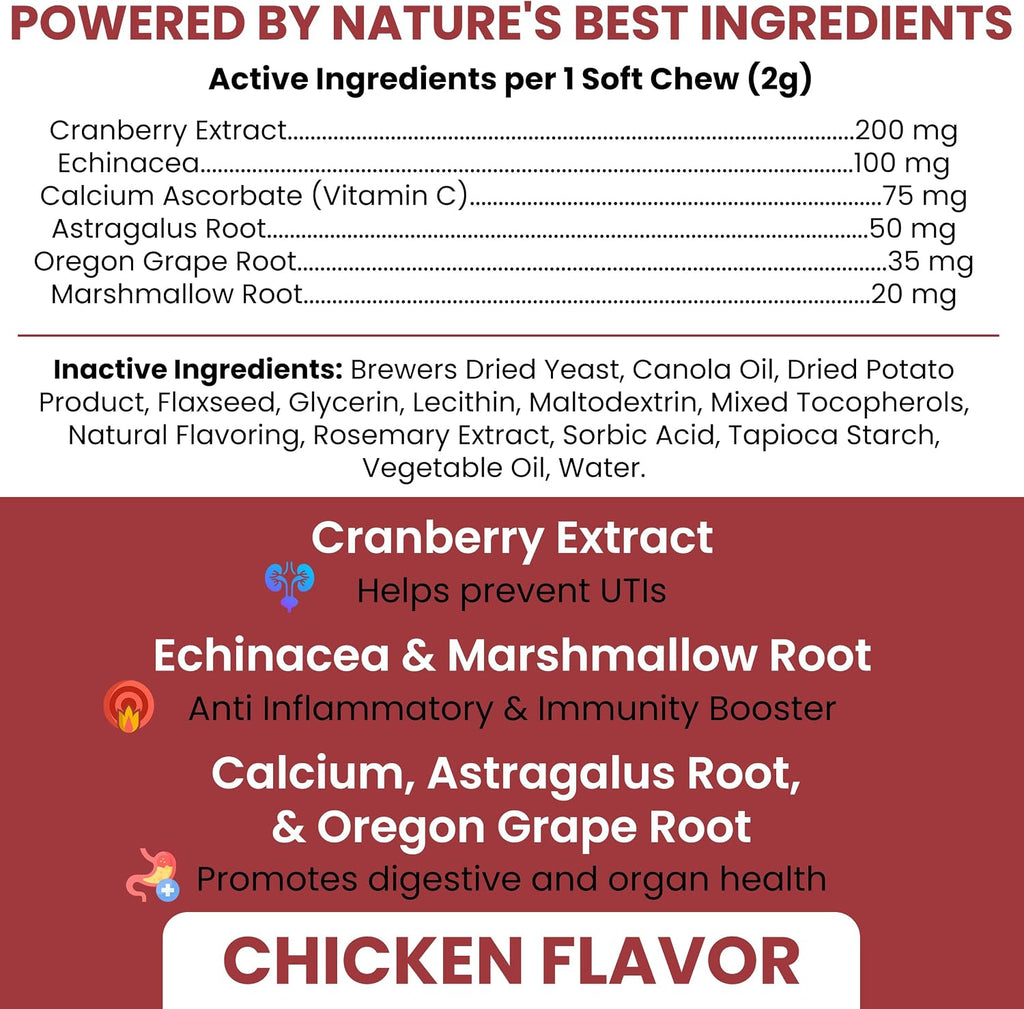 Chew + Heal Labs Suplemento de Arándano para Perros – Apoyo Urinario Natural, 240 Golosinas Blandas (2 Paquetes de 120)