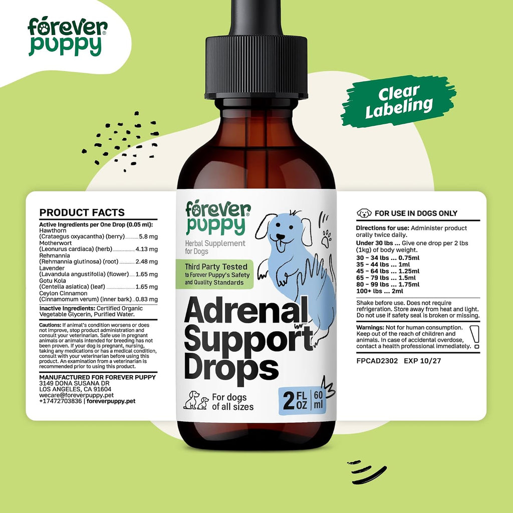 Forever Puppy Adrenal Support Drops para Perros - Gotas de Ashwagandha y Ginseng para Apoyo Adrenal y Energía - Suplemento Líquido Calmante - 60 ml