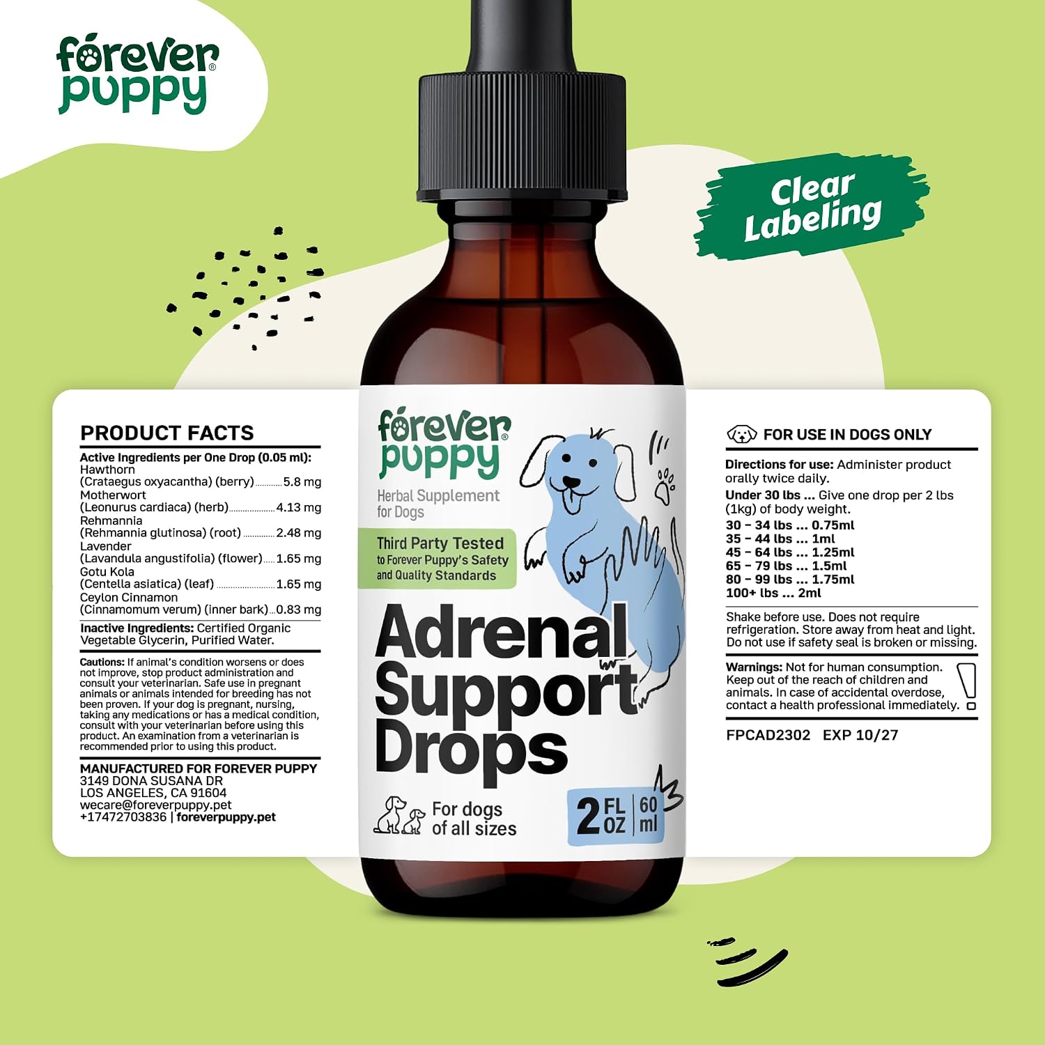 Forever Puppy Adrenal Support Drops para Perros - Gotas de Ashwagandha y Ginseng para Apoyo Adrenal y Energía - Suplemento Líquido Calmante - 60 ml