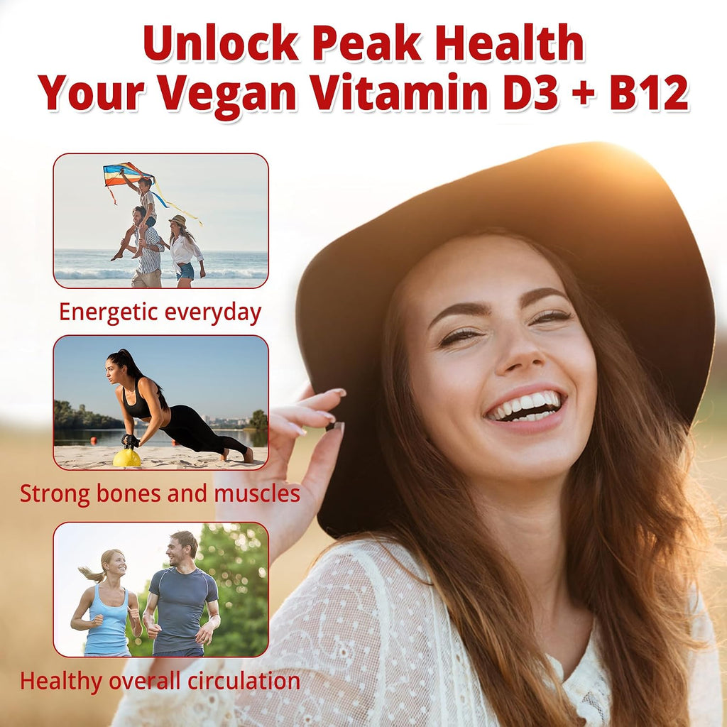 NEVISS 2Pack Gominolas Veganas de Vitamina D3 + B12, Alta Potencia D3 5000IU y 1000 mcg de B12 Metilada, para Adultos, Apoya la Salud Ósea, Inmunidad y Energía, 120 Unidades