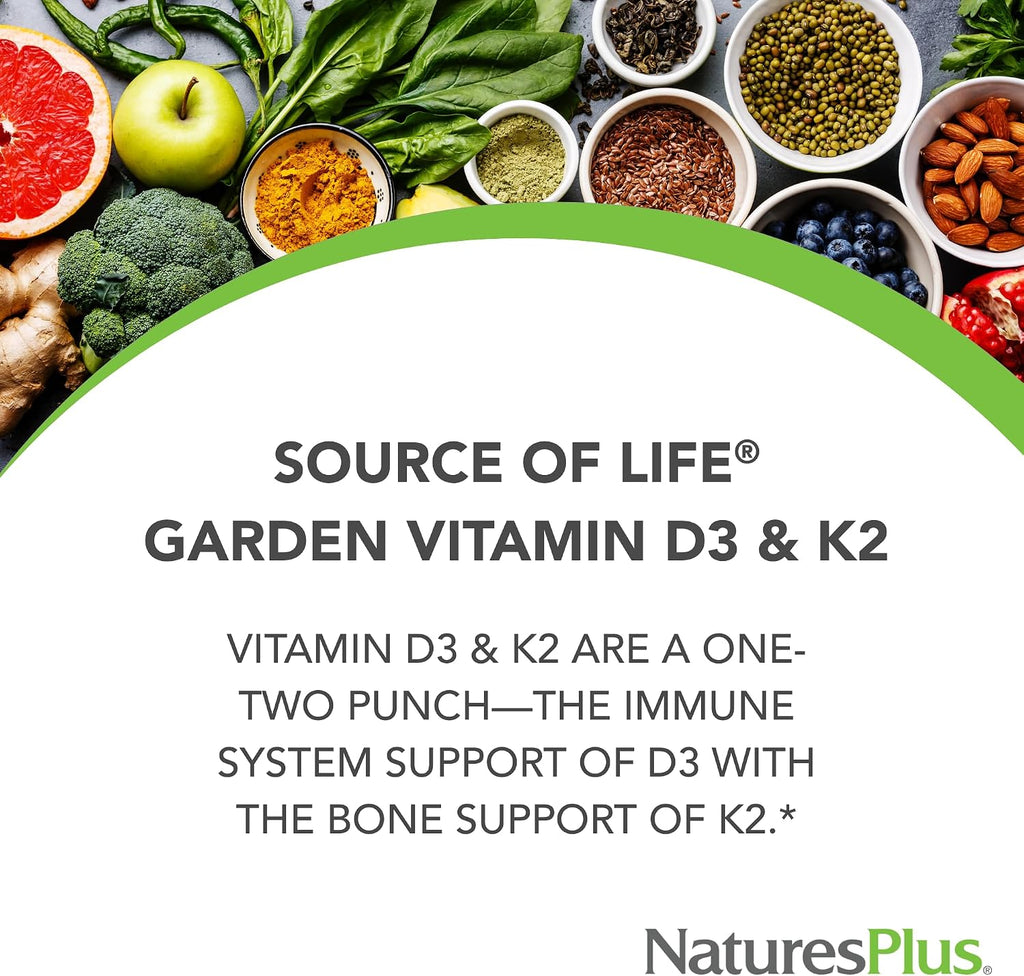NaturesPlus Source of Life Garden Vitamina D3 y K2 - 60 Cápsulas - Apoyo Inmunológico y Óseo - Orgánico, Vegano, Sin Gluten