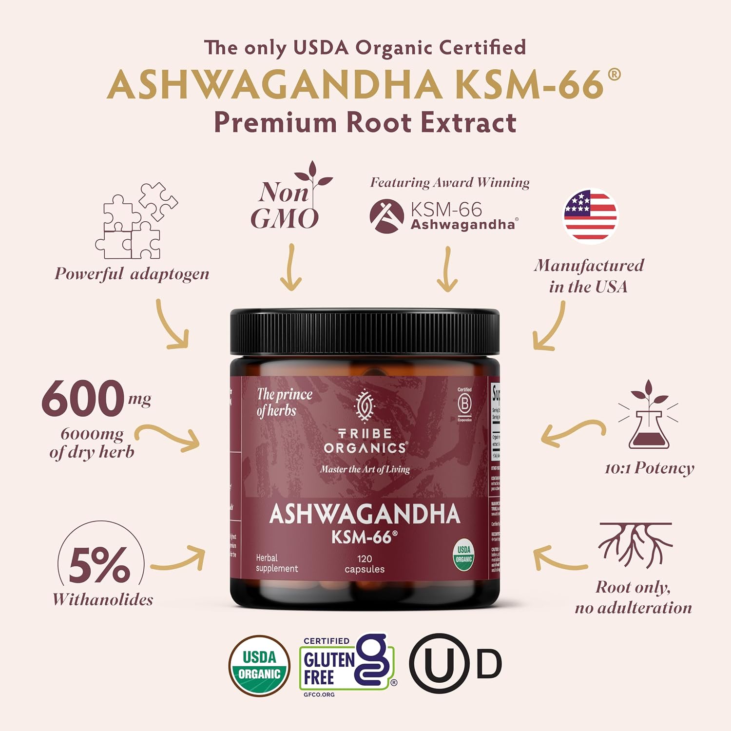 TRIBE ORGANICS Ashwagandha KSM-66 600 mg - Extracto de raíz orgánico - 120 cápsulas