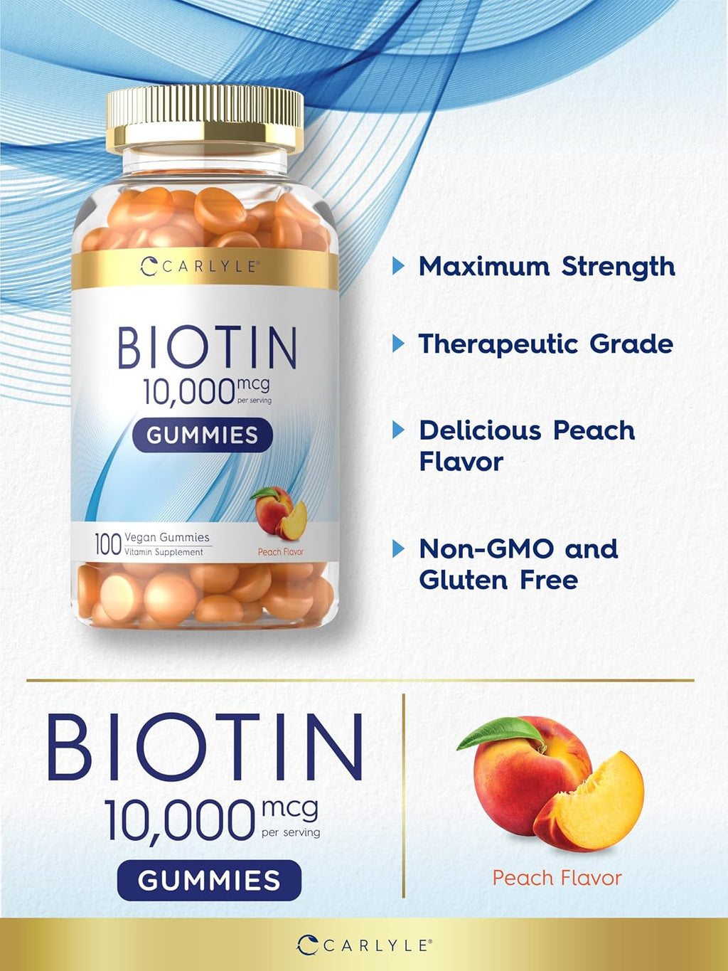 Carlyle Biotin 10000mcg Gummies – Gominolas de Biotina 10000 mcg, Sabor Melocotón, 100 uds