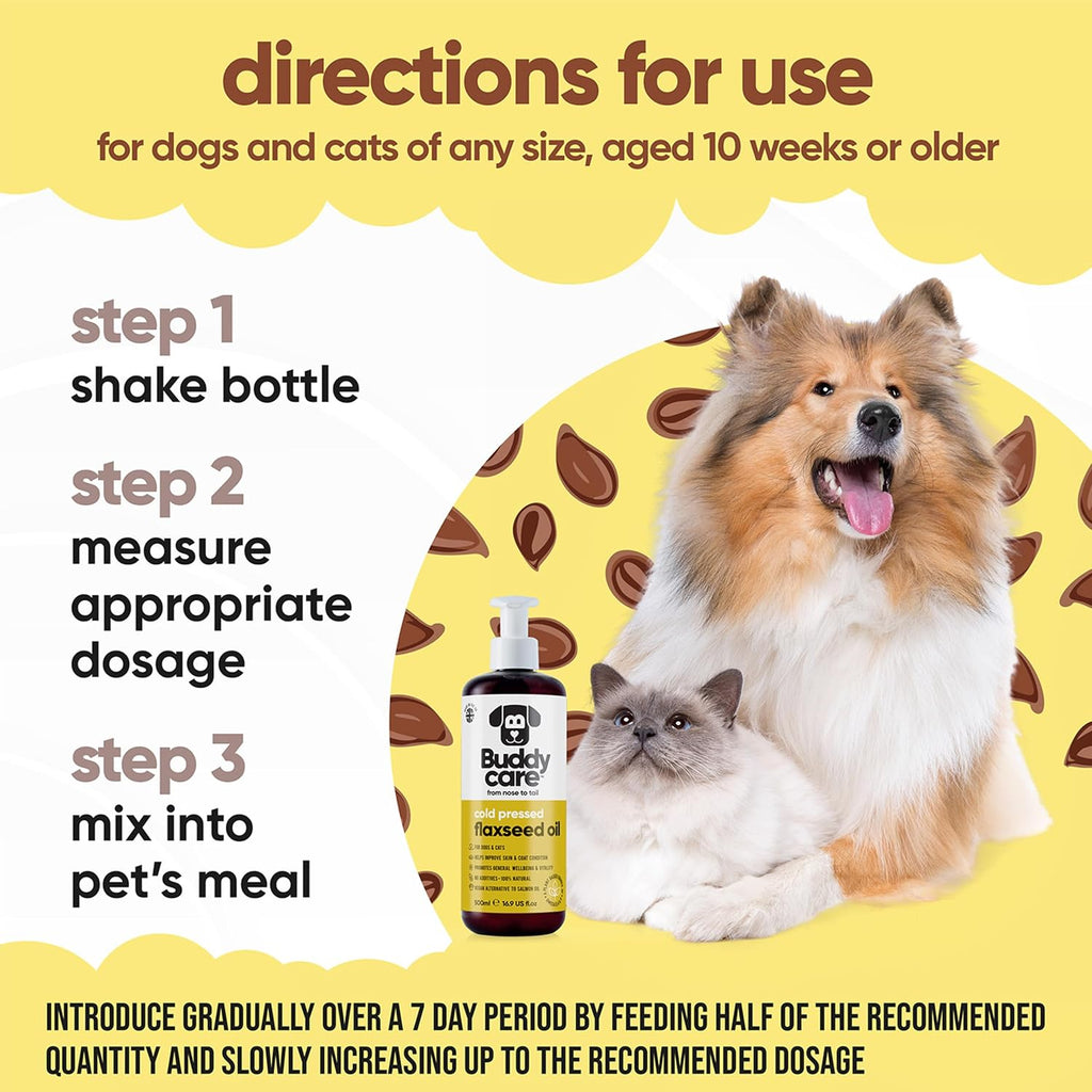 Buddycare Aceite de Linaza - 500 ml - Suplemento Natural para Perros y Gatos - Rico en Ácidos Grasos Omega-3 para un Pelaje y Piel Saludables