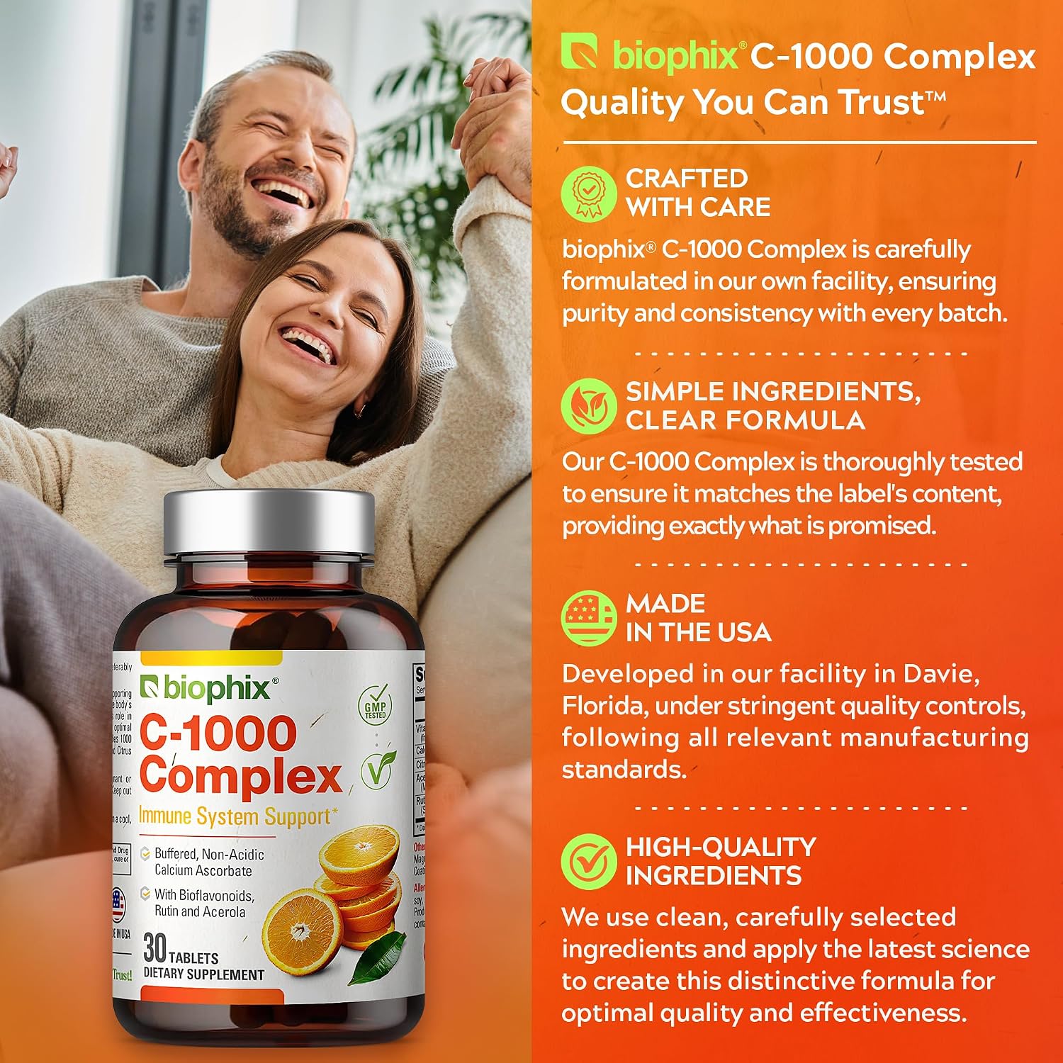 biophix Vitamin C 1000 mg - 30 Tablets - Vegan Complex with Calcium Ascorbate, Bioflavonoids, Acerola and Rutin