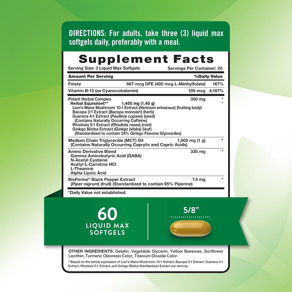 Nature's Truth Brain Up Cápsulas Blandas | 60 uds | con L-Teanina, Bacopa, B-12 y MCT