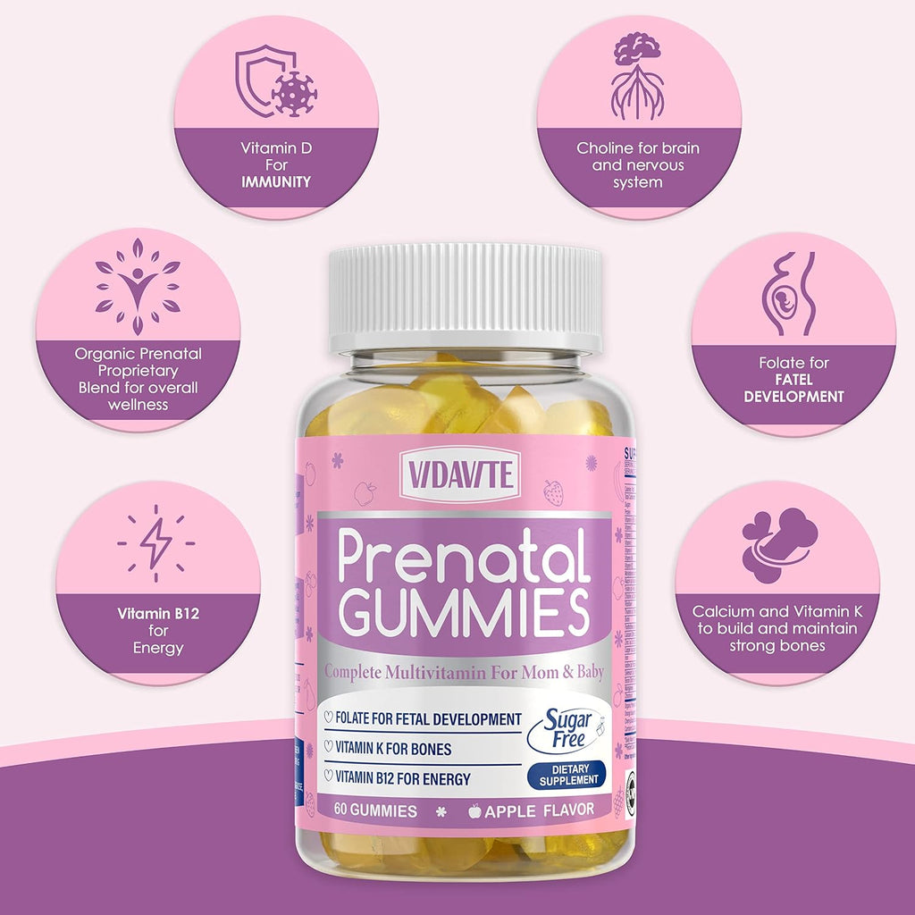 VIDAVITE Gominolas Prenatales Sin Azúcar - 30+ Nutrientes (Colina, Folato, Hierro) para el Apoyo Fetal y Neural, Huesos, Energía e Inmunidad - Vitaminas Prenatales Veganas para Mujeres (60 Gominolas)