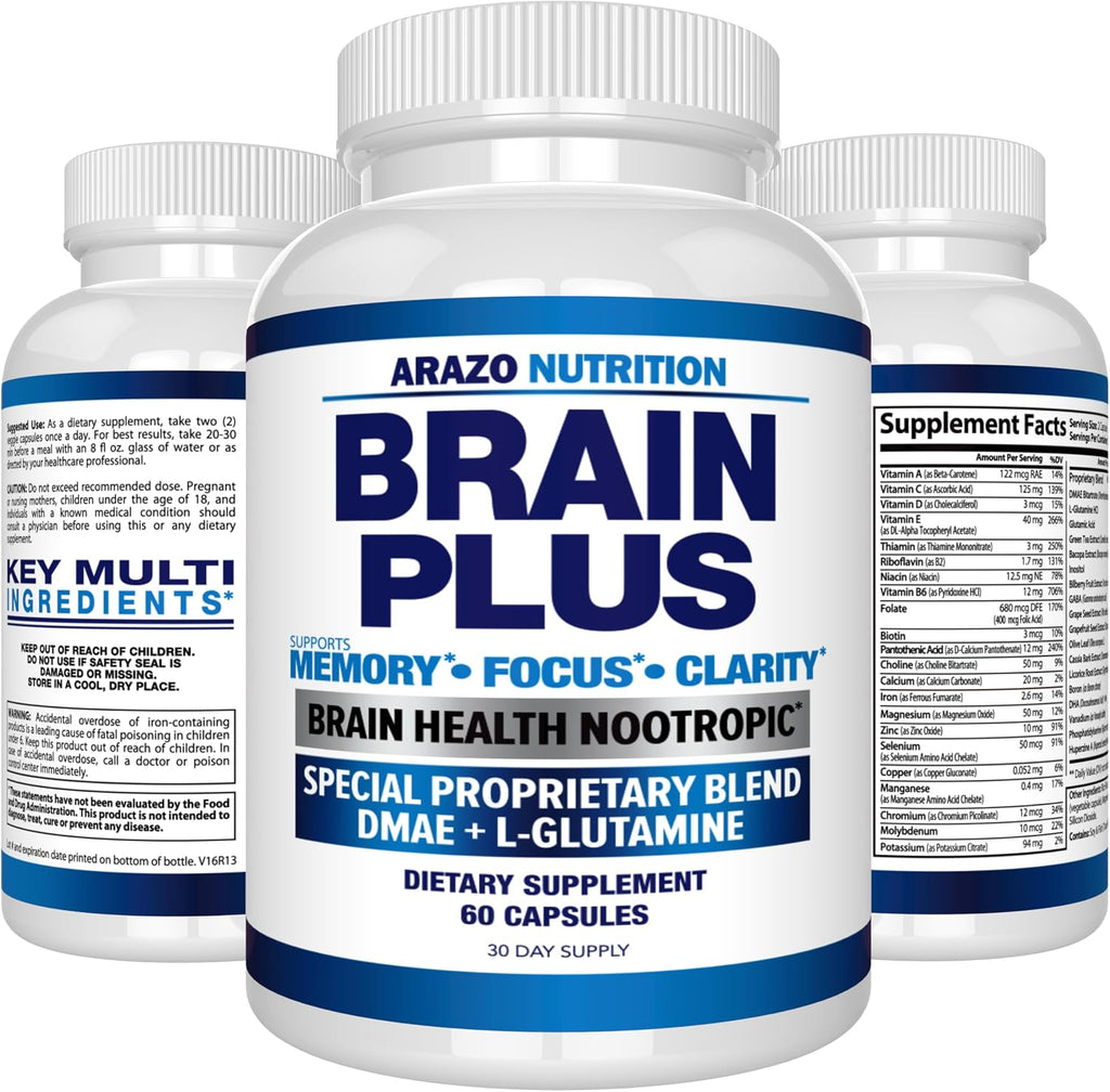 Arazo Nutrition Brain Plus – Suplemento Nootrópico para Memoria, Enfoque y Claridad Mental con DMAE, Bacopa Monnieri, L-Glutamina y Multivitaminas
