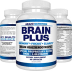 Arazo Nutrition Brain Plus – Suplemento Nootrópico para Memoria, Enfoque y Claridad Mental con DMAE, Bacopa Monnieri, L-Glutamina y Multivitaminas