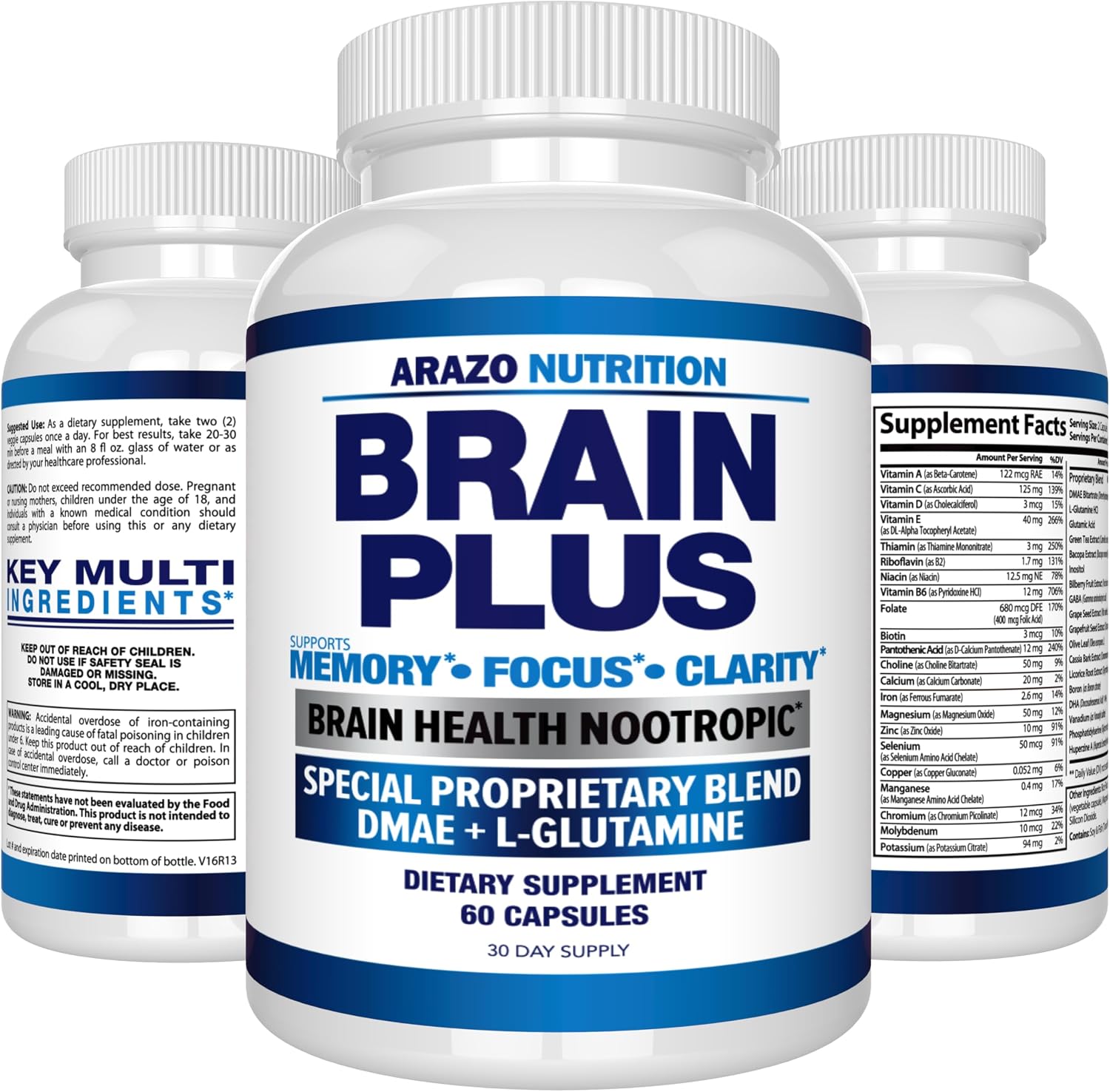 Arazo Nutrition Brain Plus – Suplemento para la función cerebral con DMAE, Bacopa Monnieri y L-Glutamina