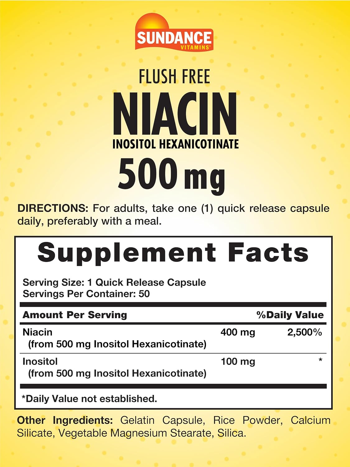 Sundance Niacina 500mg Sin Enrojecimiento | 50 Cápsulas | Vitamina B3 Esencial | Inositol Hexanicotinato | Sin OGM y Sin Gluten