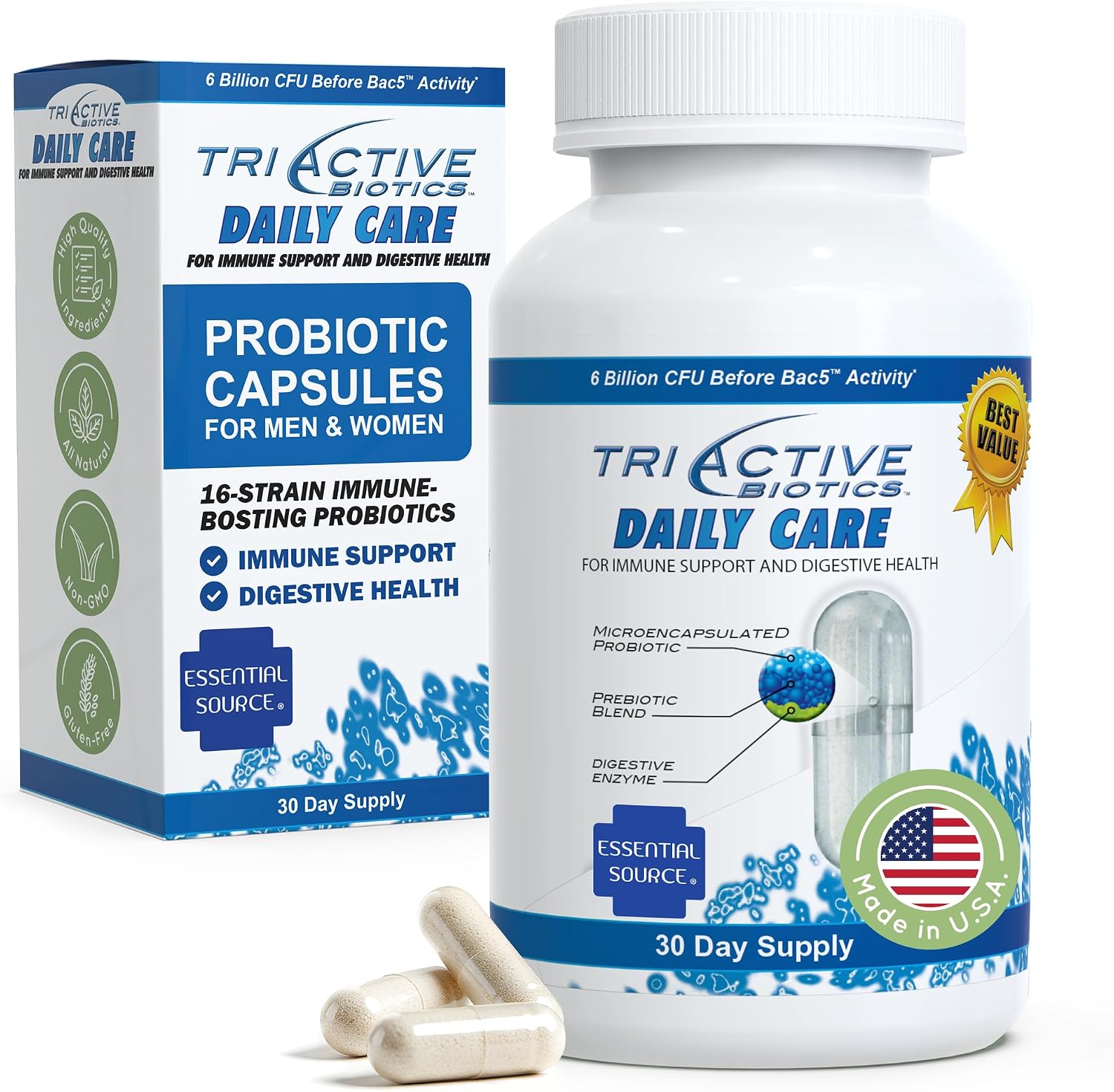 Essential Source TriActive Biotics – Probiotics with Prebiotics & Digestive Enzymes – 6 Billion CFUs – 30 Capsules