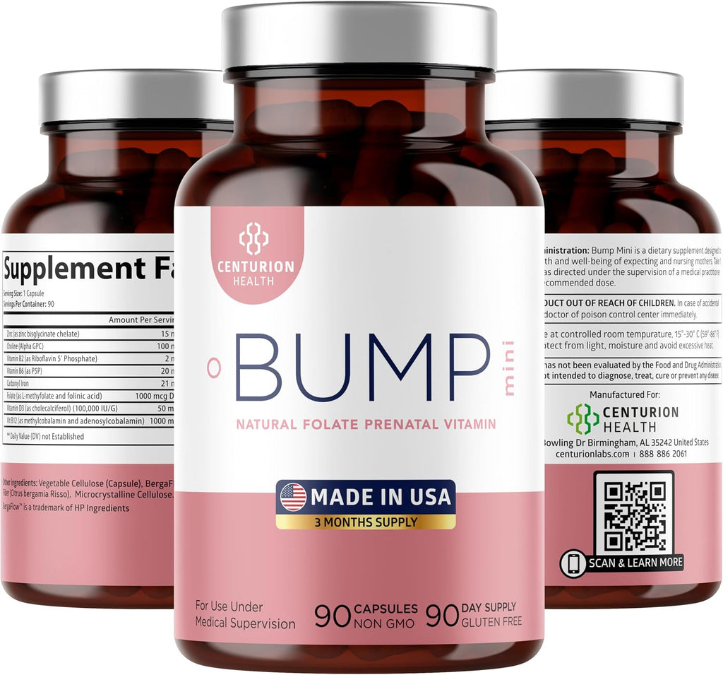 Centurion Health Bump Mini Vitaminas Prenatales Completas para Mujeres con Folato, Colina, Hierro Carbonilo, Zinc, Vitamina D3 y Vitamina B12, 90 Cápsulas