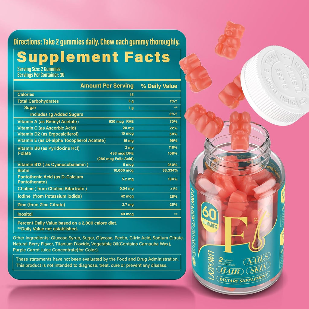 Lazpowfi Gomitas de Biotina para Cabello, Piel y Uñas - 60 Gomitas Sabor Fresa