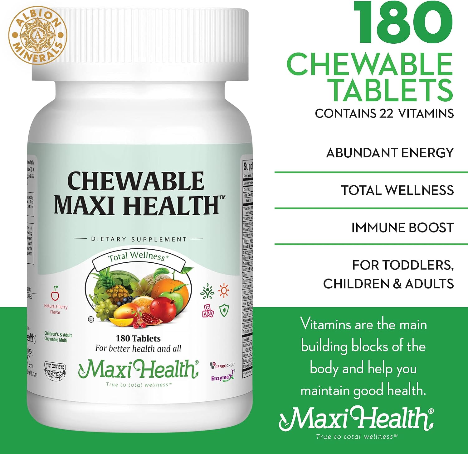 Maxi Health Chewable Multivitamin for Kids, Teens, and Adults - 180 Cherry Flavored Tablets