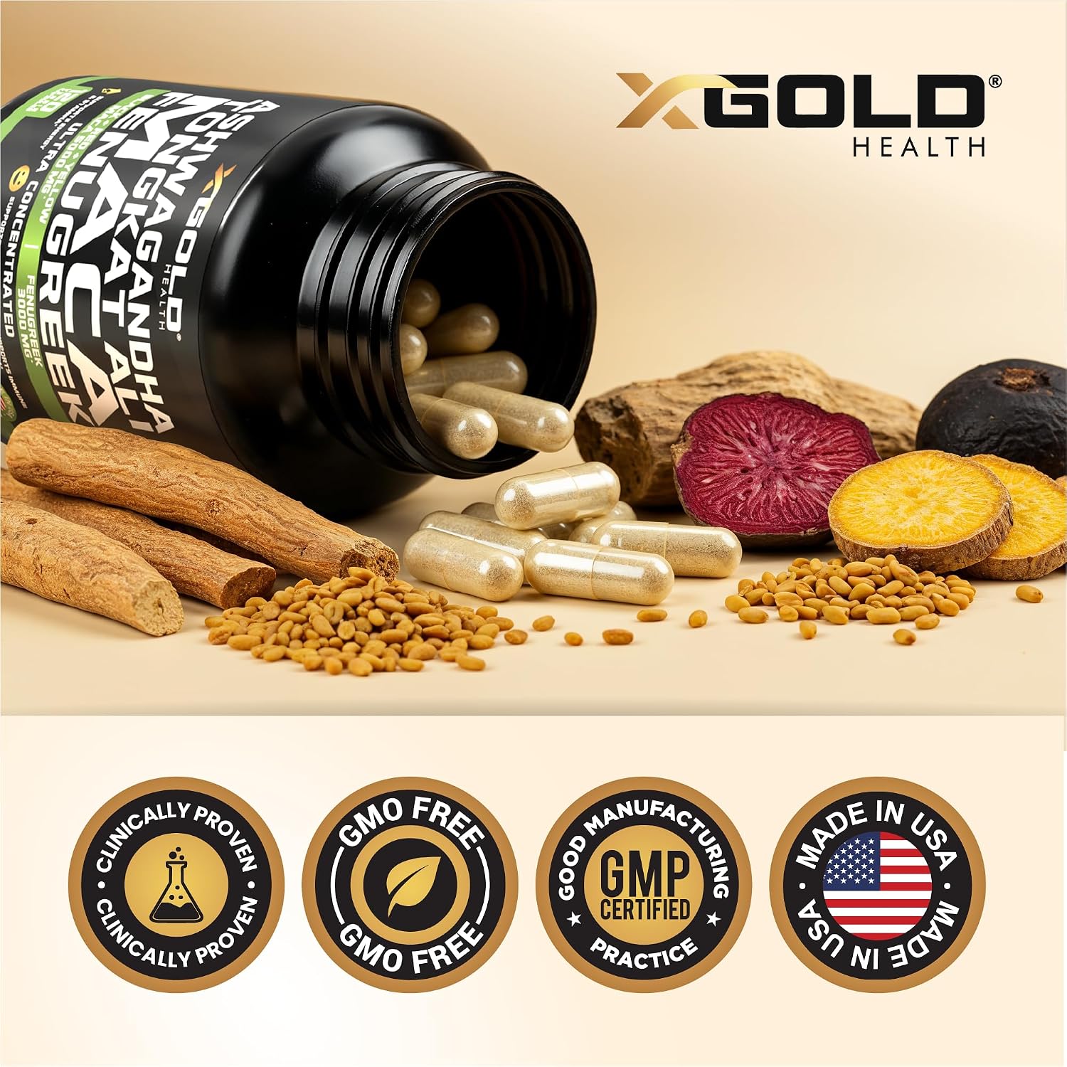 X Gold Health Complejo Herbal Ashwagandha 30:1 + Tongkat Ali 50:1 + Maca 20:1 + Fenogreco 10:1 | Extractos de Alta Potencia | Energía y Vitalidad