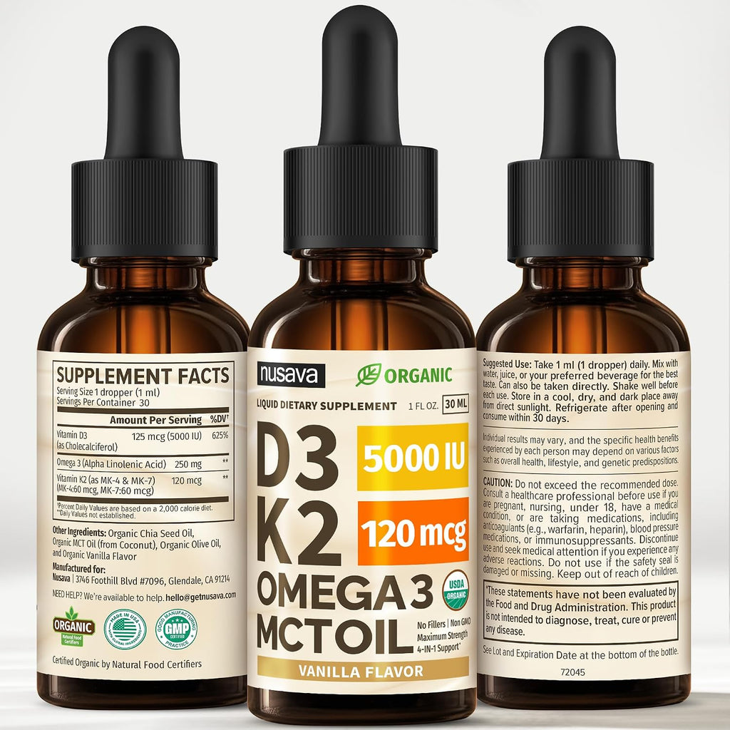 NUSAVA Gotas de Vitamina D3 y K2 con MCT Oil y Omega 3 - 5000 IU D3, 120 mcg K2 - 4 unidades
