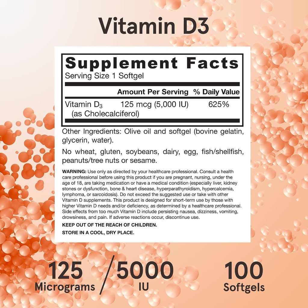 Jarrow Formulas Vitamin D3 5000 IU (125 mcg) - 100 Softgels - Gluten Free