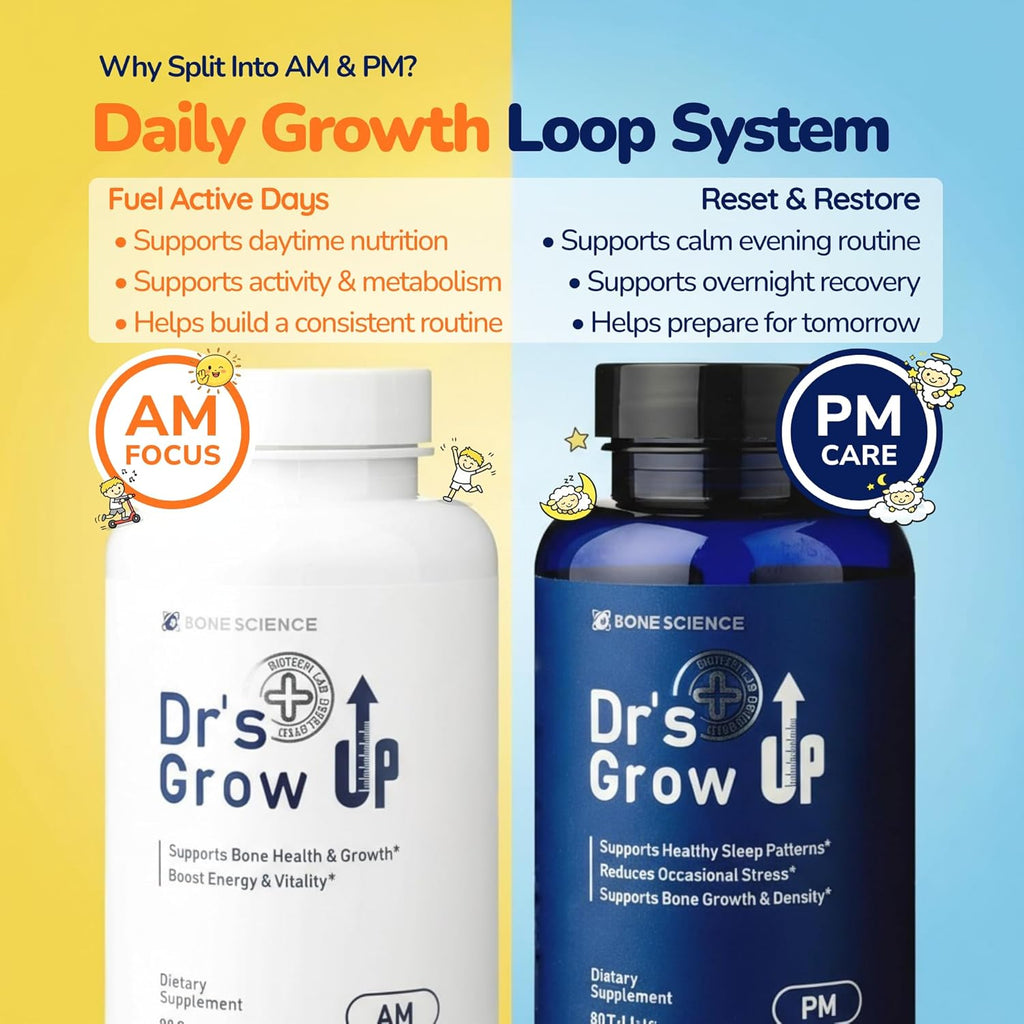 BONE SCIENCE Dr’s Grow UP AM & PM – Sistema Día y Noche para el Crecimiento y Salud Ósea de Niños y Adolescentes
