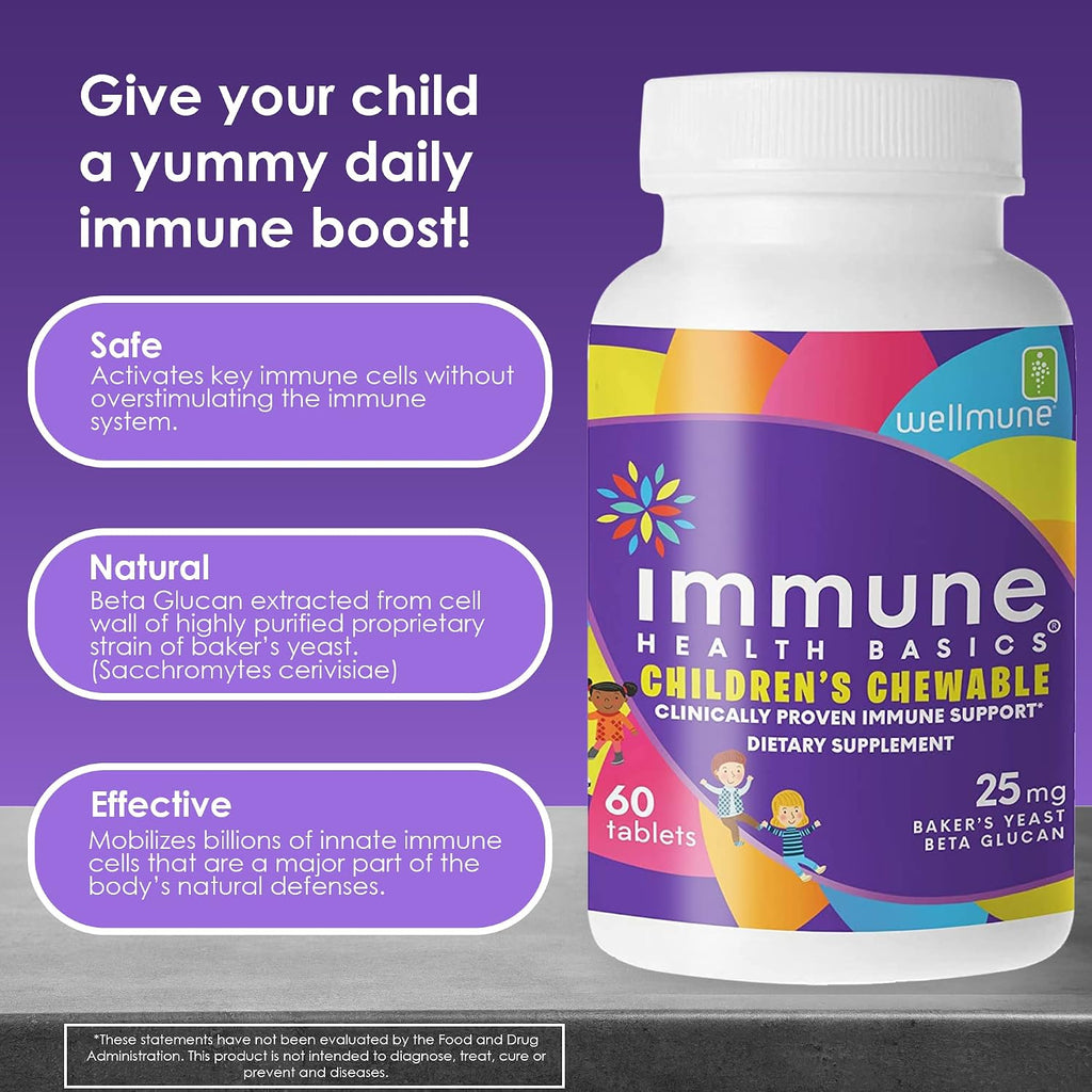 Immune Health Basics Comprimidos Masticables para Niños - Beta Glucano Puro para el Sistema Inmunológico Infantil, Sabor Naranja, 25 mg