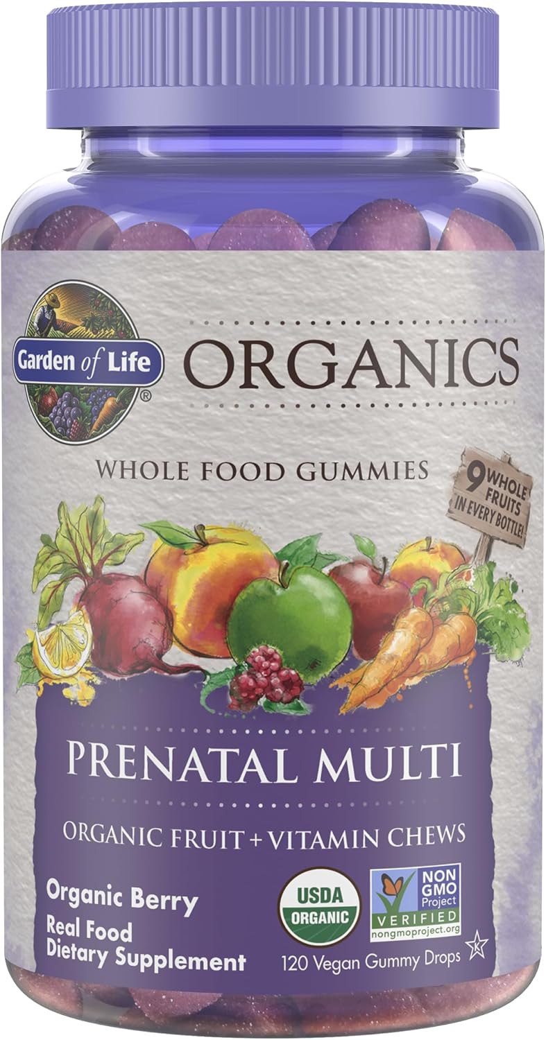 Garden of Life Organics Prenatal Gummies – Vitaminas prenatales para mujeres con apoyo al metabolismo energético y desarrollo fetal saludable, sabor a bayas, ecológico, vegano, suministro para 30 días