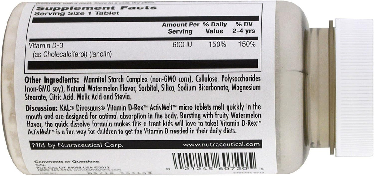 Kal 600 UI Vitamina D3 Comprimidos D-rex Sabor Sandía (120 uds) – Image 3