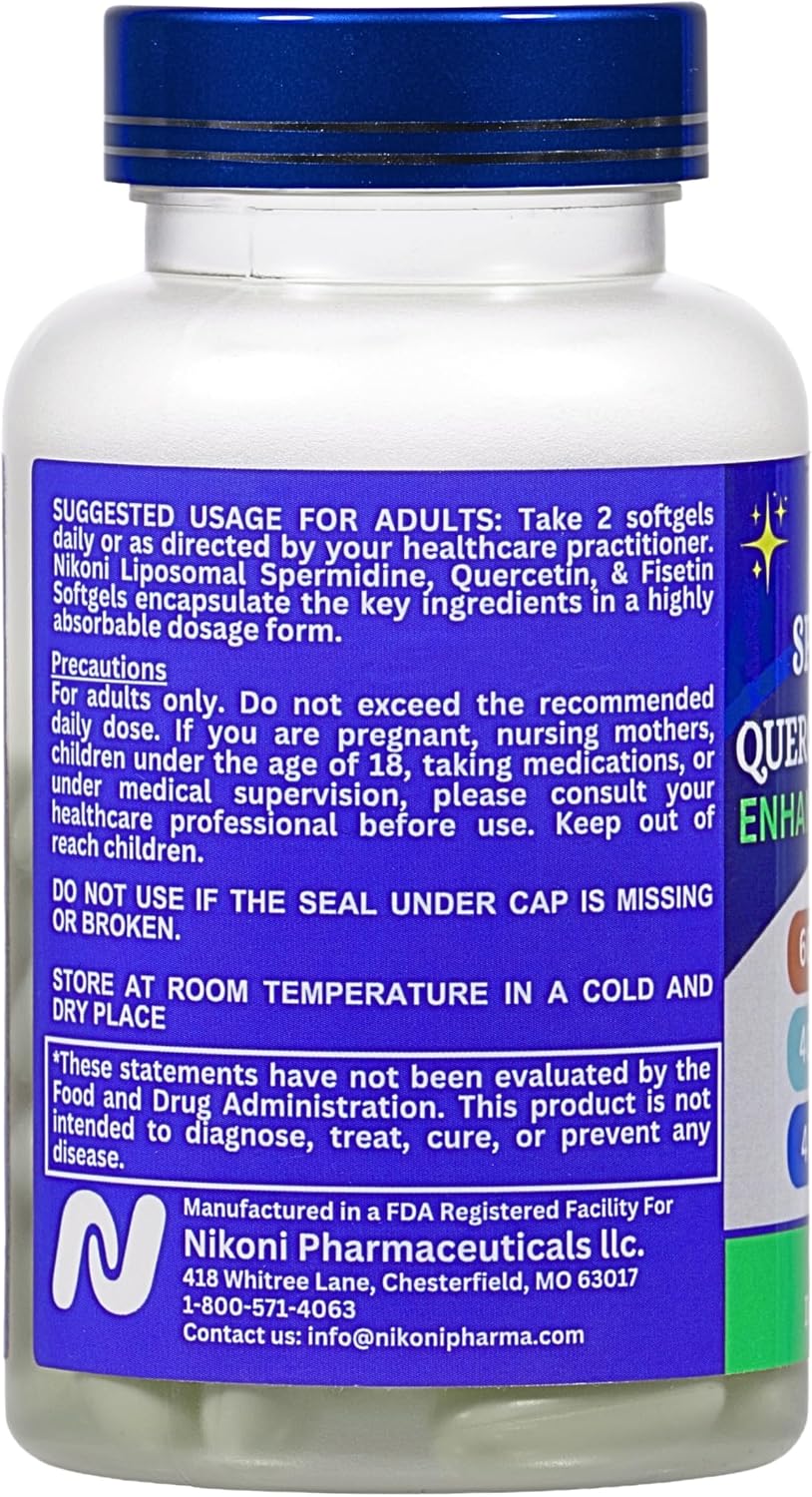 Nikoni Liposomal Spermidina, Quercetina, Fisetina 860mg - Apoyo al Envejecimiento Saludable, Renovación Celular, Función Cognitiva - 60 Cápsulas Blandas