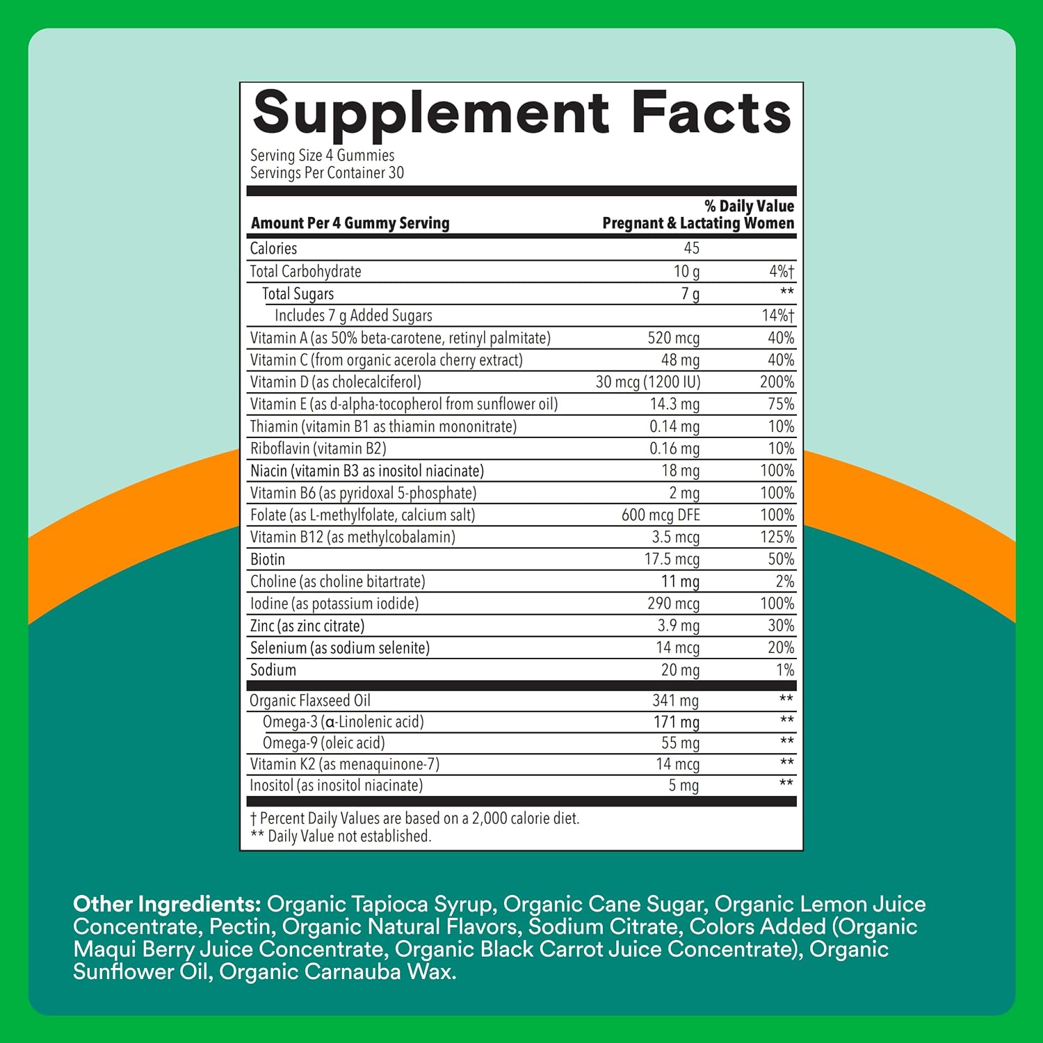SmartyPants Vitaminas Prenatales Orgánicas para Mujeres, Gominolas Multivitamínicas: Biotina, Metilfolato, Omega 3 (ALA), Vitamina D3, C, Vitamina B12, B6, A, K2 y Zinc, Colina, Vegetariano, 120 unidades (Suministro para 30 días)