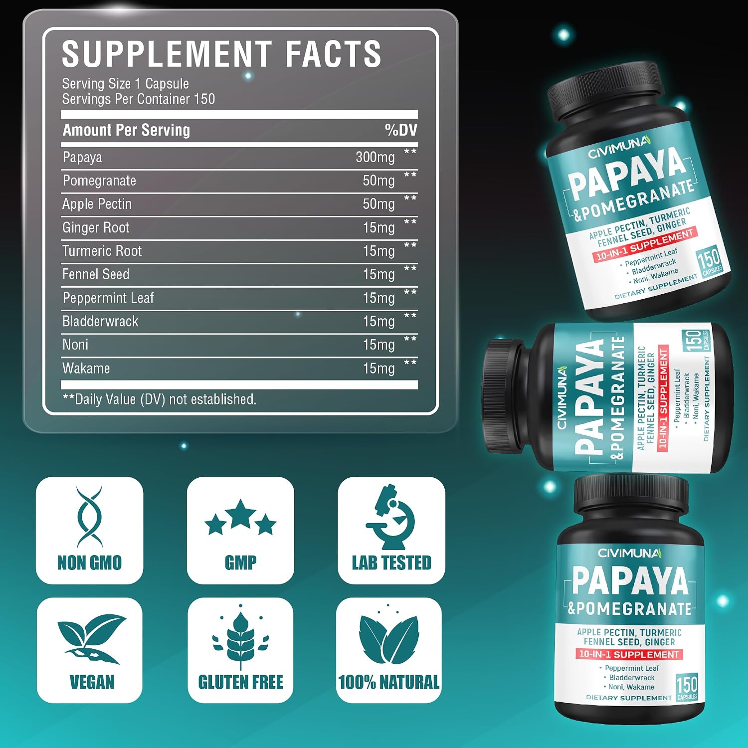 Papaya Capsules with Papaya, Pomegranate, Apple Pectin and More - 150 Capsules for 5 Months Supply