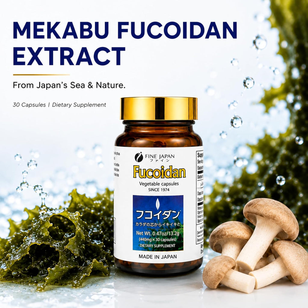 FINE JAPAN Cápsulas de Fucoidan con Alga Mekabu y Hongo Agaricus - 30 Cápsulas
