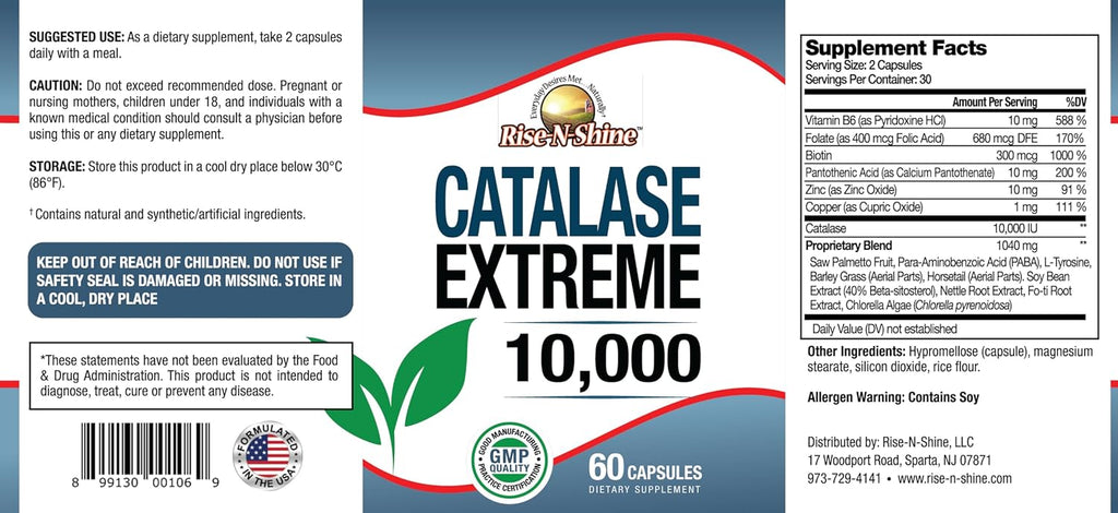 Rise-N-Shine Catalase Extreme 10,000 con Saw Palmetto, Biotina, Fo-Ti, PABA - Suplemento para el Cabello - 60 Cápsulas