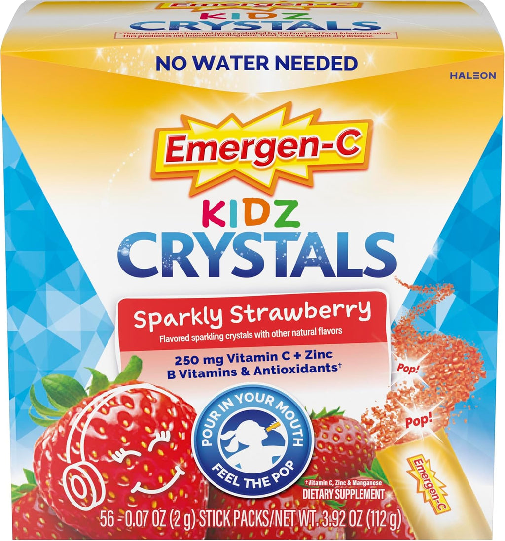 Emergen-C Kidz Crystals – Suplemento de Vitamina C con Zinc y Vitaminas B – Sabor Fresa Chispeante – 56 Sticks