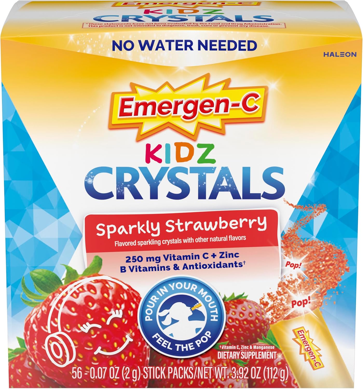 Emergen-C Kidz Crystals – Suplemento de Vitamina C con Zinc y Vitaminas B – Sabor Fresa Chispeante – 56 Sticks
