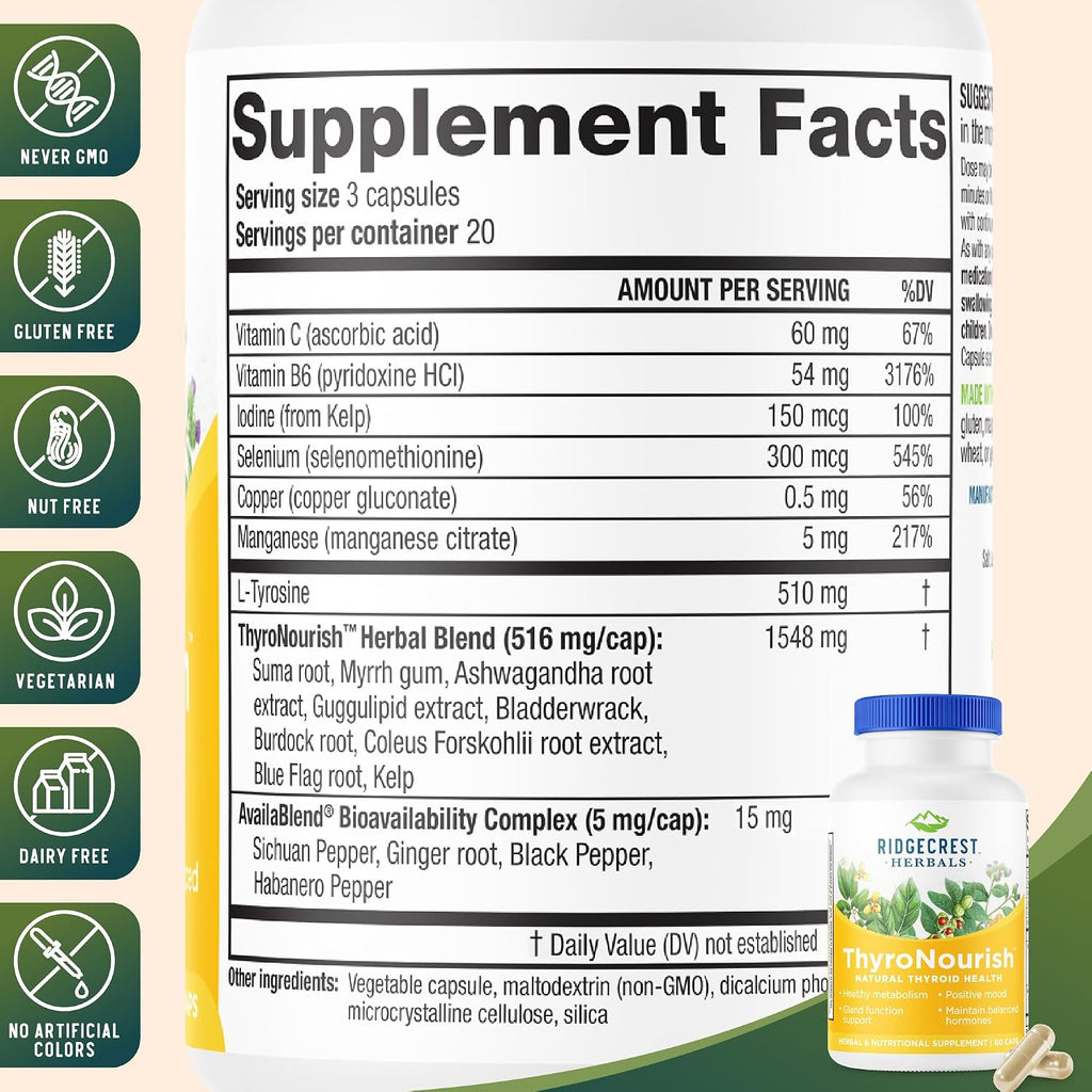 Ridgecrest Herbals ThyroNourish - Suplemento para la tiroides con ashwagandha, L-tirosina, yodo y algas marinas - 60 cápsulas