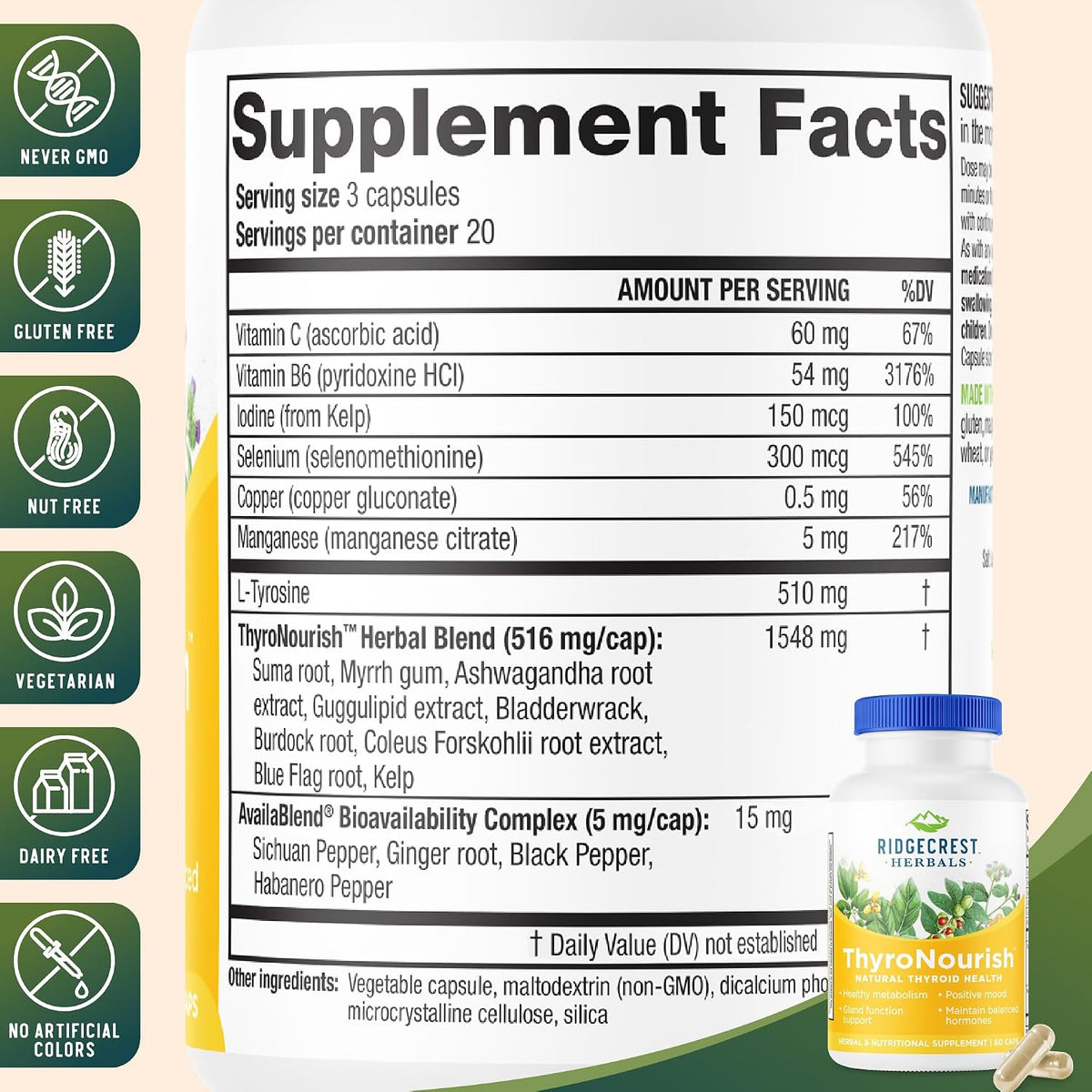 Ridgecrest Herbals ThyroNourish - Suplemento para la Tiroides con Ashwagandha, L-Tirosina, Yodo y Algas Kelp - 60 Cápsulas – Image 3