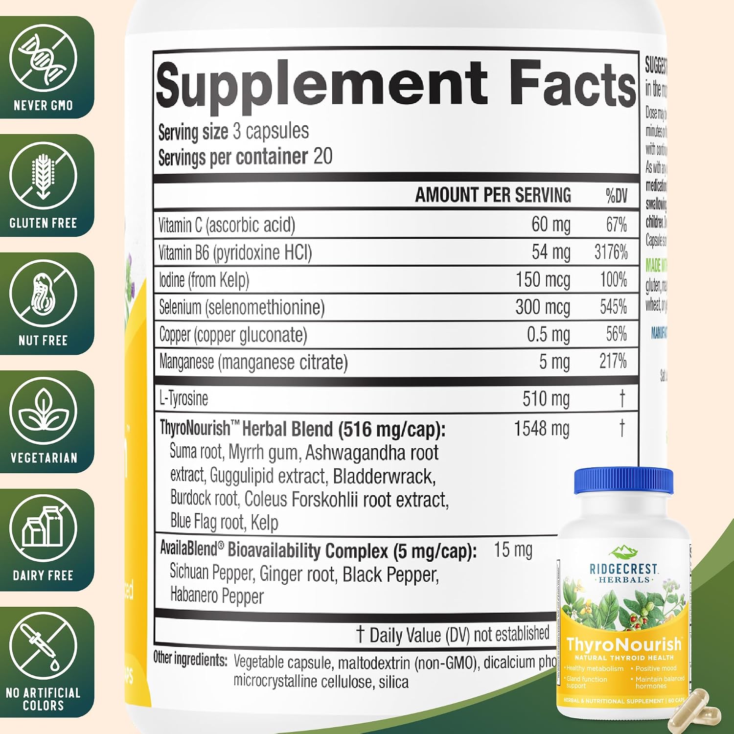 Ridgecrest Herbals ThyroNourish - Suplemento para la tiroides con ashwagandha, L-tirosina, yodo y algas marinas - 60 cápsulas