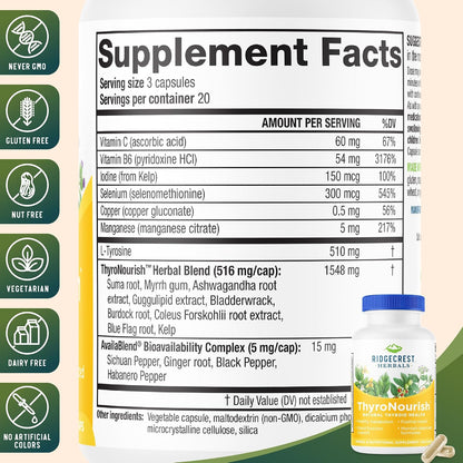 Ridgecrest Herbals ThyroNourish - Suplemento para la Tiroides con Ashwagandha, L-Tirosina, Yodo y Algas Kelp - 60 Cápsulas – Image 3
