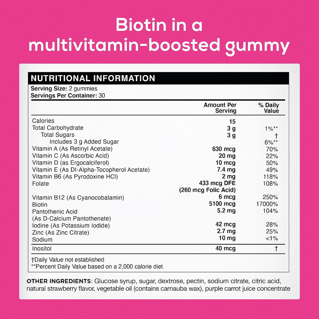 Biotin Gummies 5100 mcg - Gominolas de Biotina para Cabello, Piel y Uñas con Vitaminas A, C, E y D - 60 Gominolas