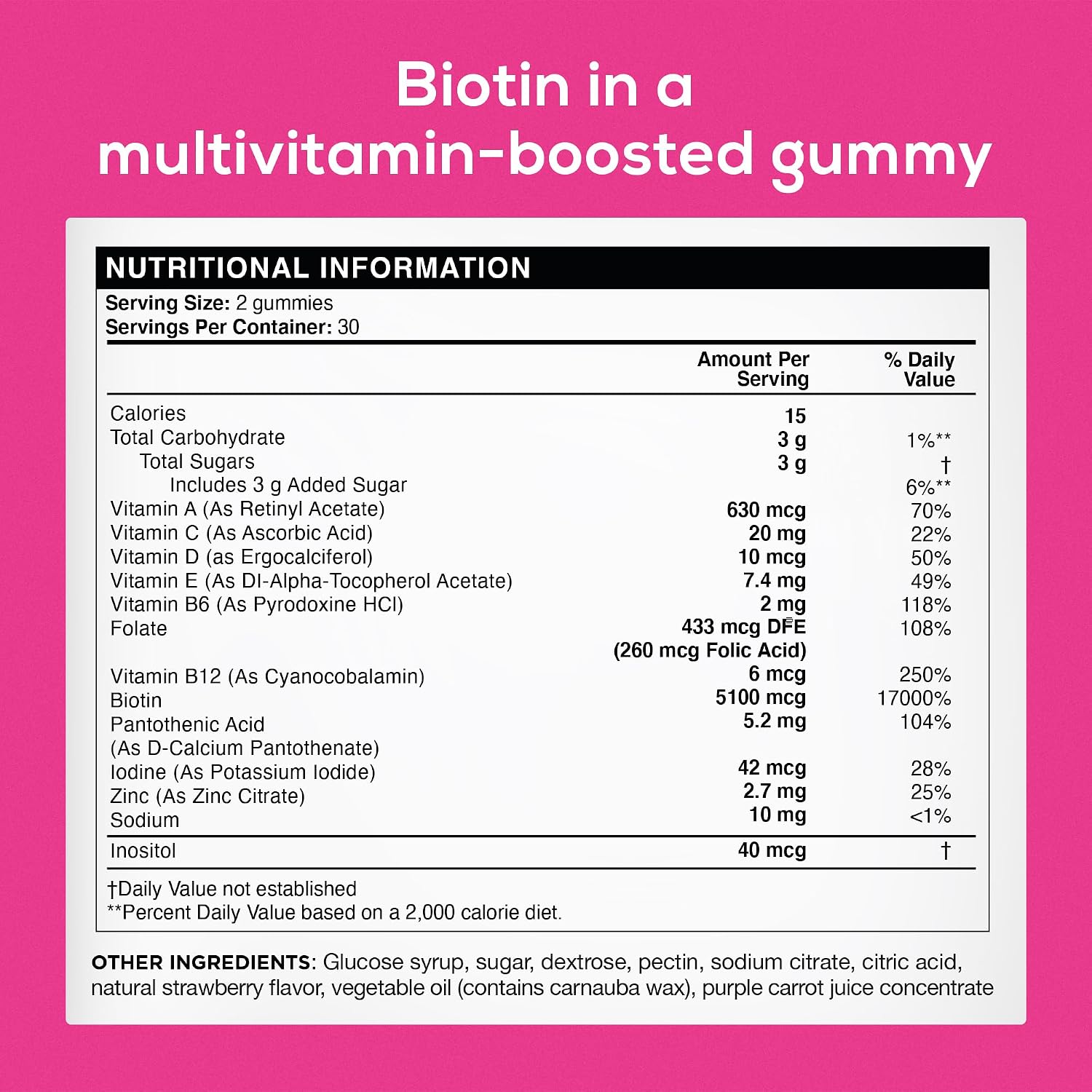 Biotin Gummies 5100 mcg - Gominolas de Biotina para Cabello, Piel y Uñas con Vitaminas A, C, E y D - 60 Gominolas
