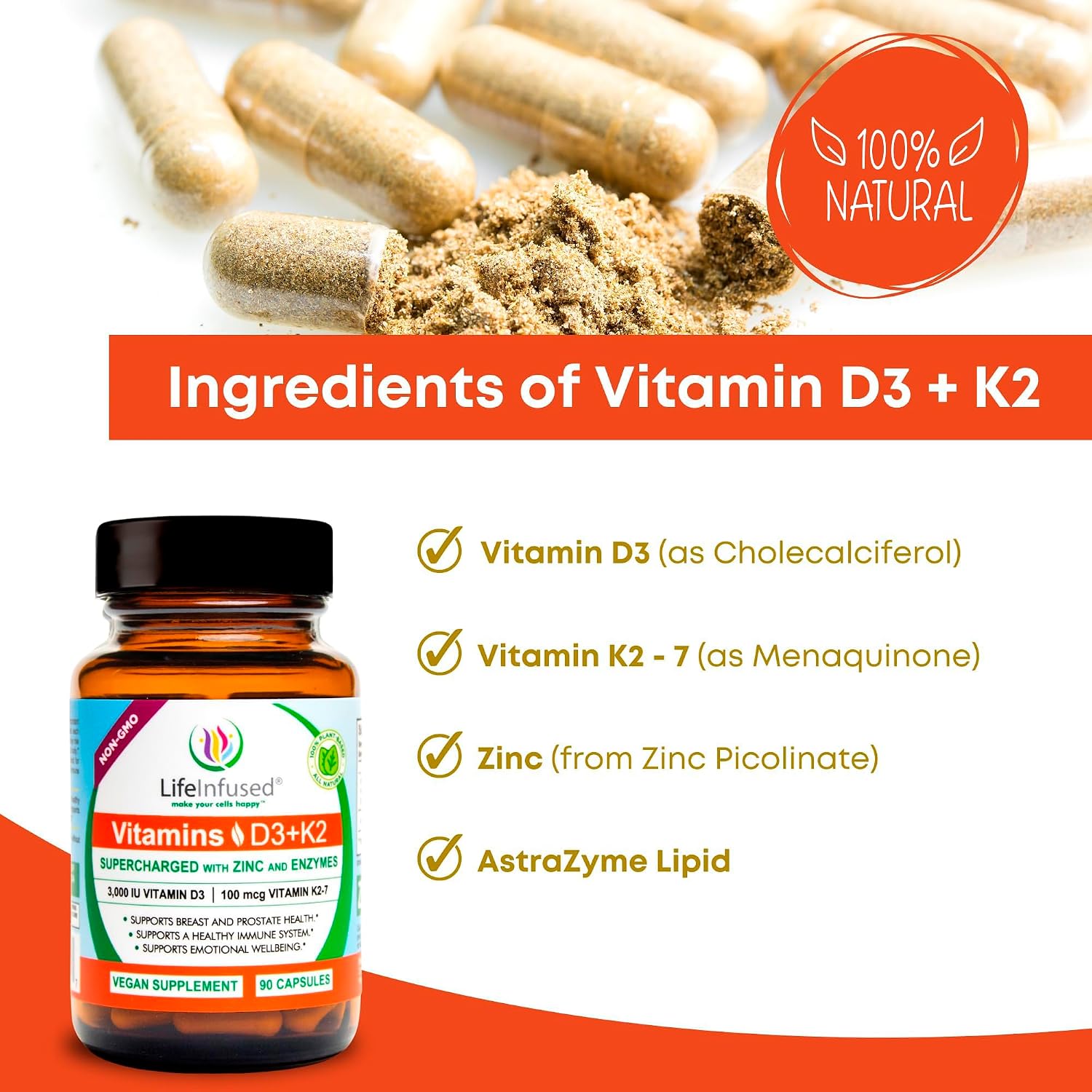 Life Infused Vitamina D3 + K2 con Zinc y Enzimas | 3000 UI D3, MK-7 K2 | 90 Cápsulas