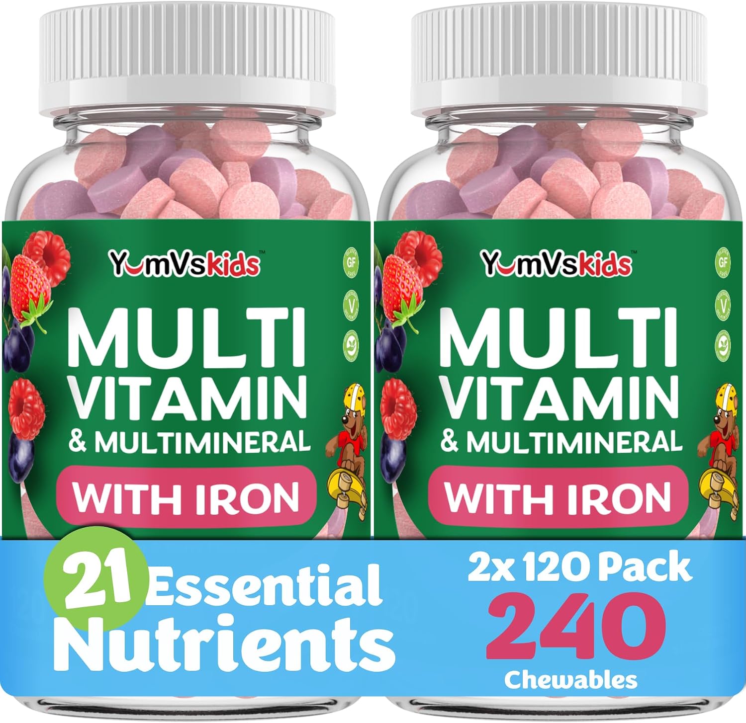 YumVs Multivitamínico Infantil con Hierro y Minerales - Comprimidos Masticables Sabor Uva y Bayas - para Niños de 2+ Años - 120 Comprimidos