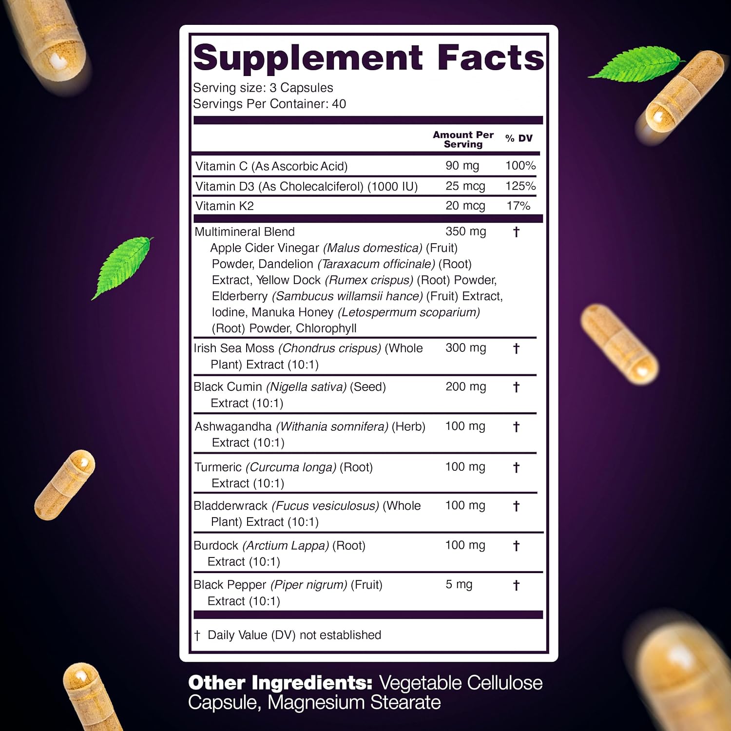 LetaGreen Cápsulas de Sea Moss 17 en 1 – Mezcla Multimineral con Ashwagandha y Vitaminas D3, K2 y C – 120 Cápsulas