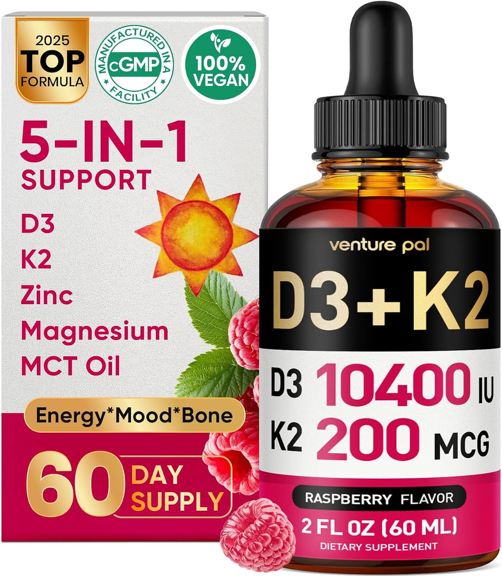 5-in-1 Vitamin D3 K2 Drops - 10000 UI D3 y 200 mcg K2 (MK-7) con Magnesio, Zinc y MCT Oil