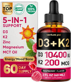 5-in-1 Vitamin D3 K2 Drops - 10000 UI D3 y 200 mcg K2 (MK-7) con Magnesio, Zinc y MCT Oil